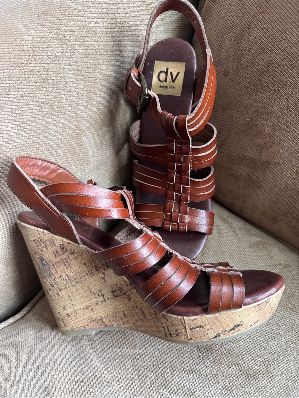 DV by Dolce Vita Cognac Brown Leather Cork Wedge Sandals